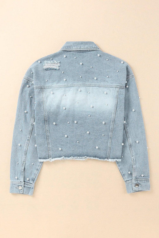 Cropped Beaded Pearls Denim Jacket - Klazzi Fashion Boutique