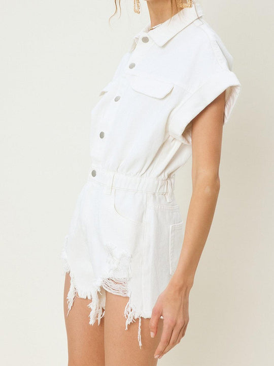 Denim Collared Distressed Denim Short Romper