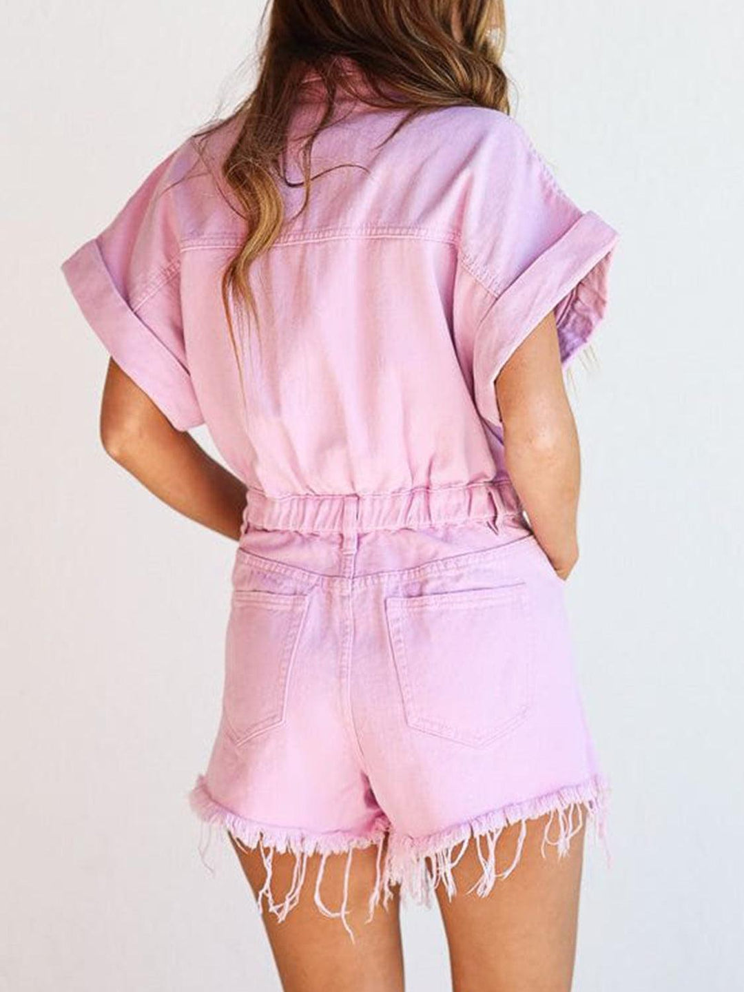 Denim Collared Distressed Denim Short Romper