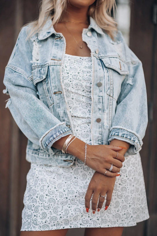 Distressed Cowgirl Drop Shoulder Denim Jacket - Klazzi Fashion Boutique