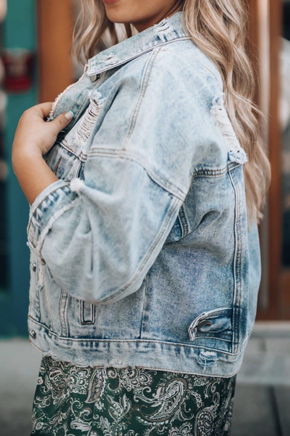 Distressed Cowgirl Drop Shoulder Denim Jacket - Klazzi Fashion Boutique