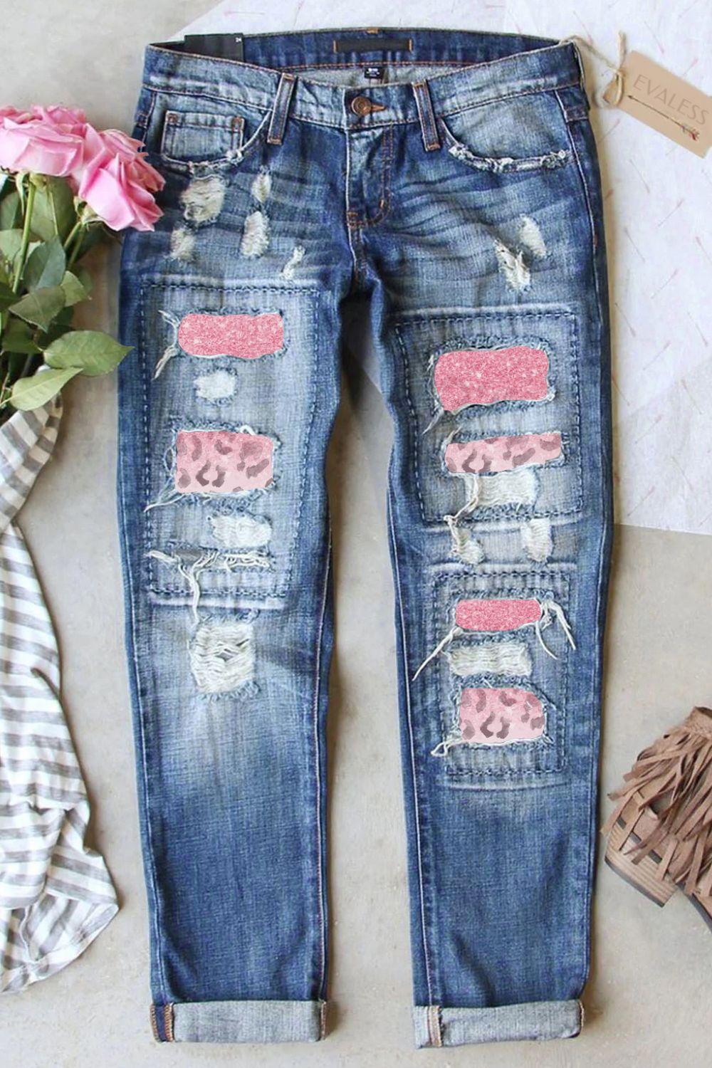 Distressed Pink Leopard Straight Leg Denims - Klazzi Fashion Boutique