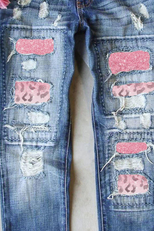 Distressed Pink Leopard Straight Leg Denims - Klazzi Fashion Boutique