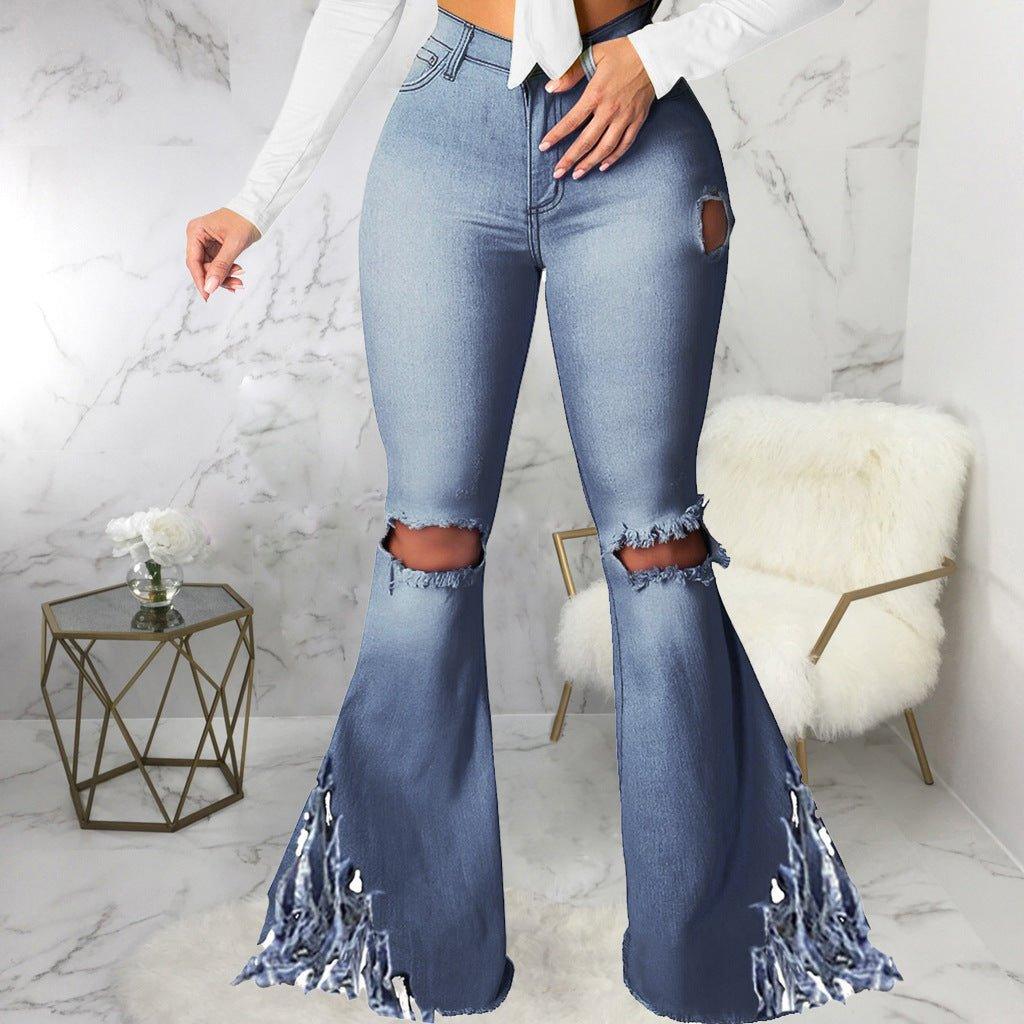 Distressed Shredded Wide Leg Denim - Klazzi Fashion Boutique