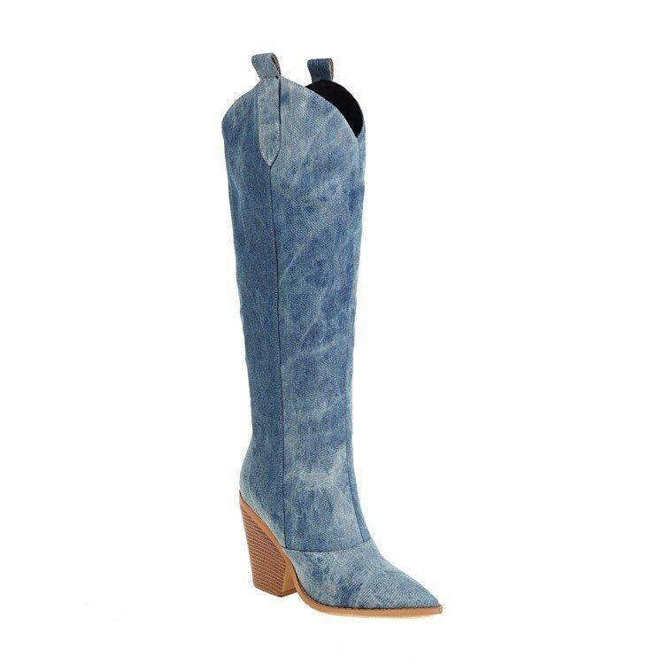 Dolly Denim Western Knee High Boots - Klazzi Fashion Boutique