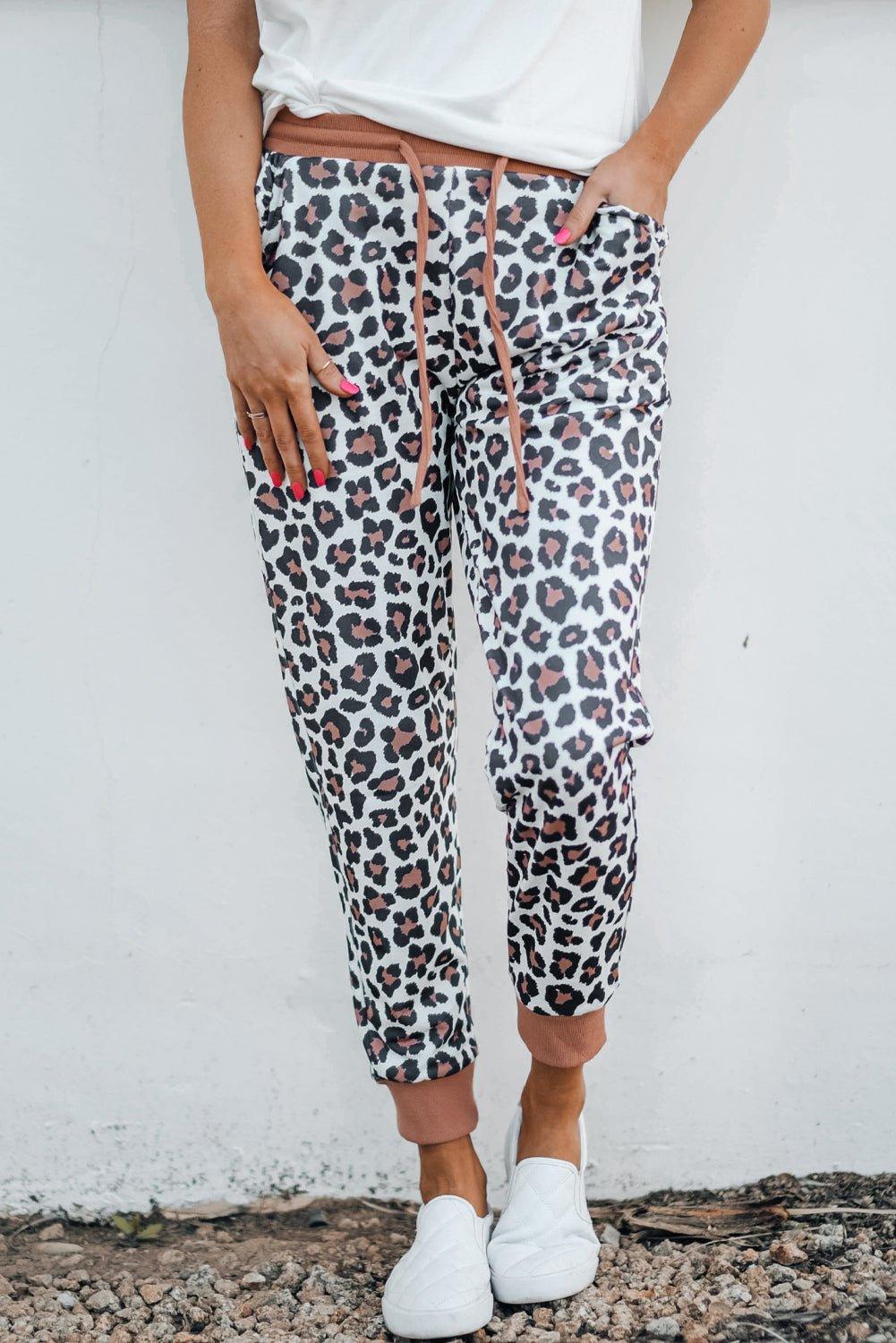 Elastic Coral and Leopard Print Jogger Pants - Klazzi Fashion Boutique