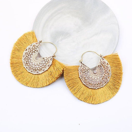 Fancy Fan Bohemian Shaped Tassel Earrings - Klazzi Fashion Boutique