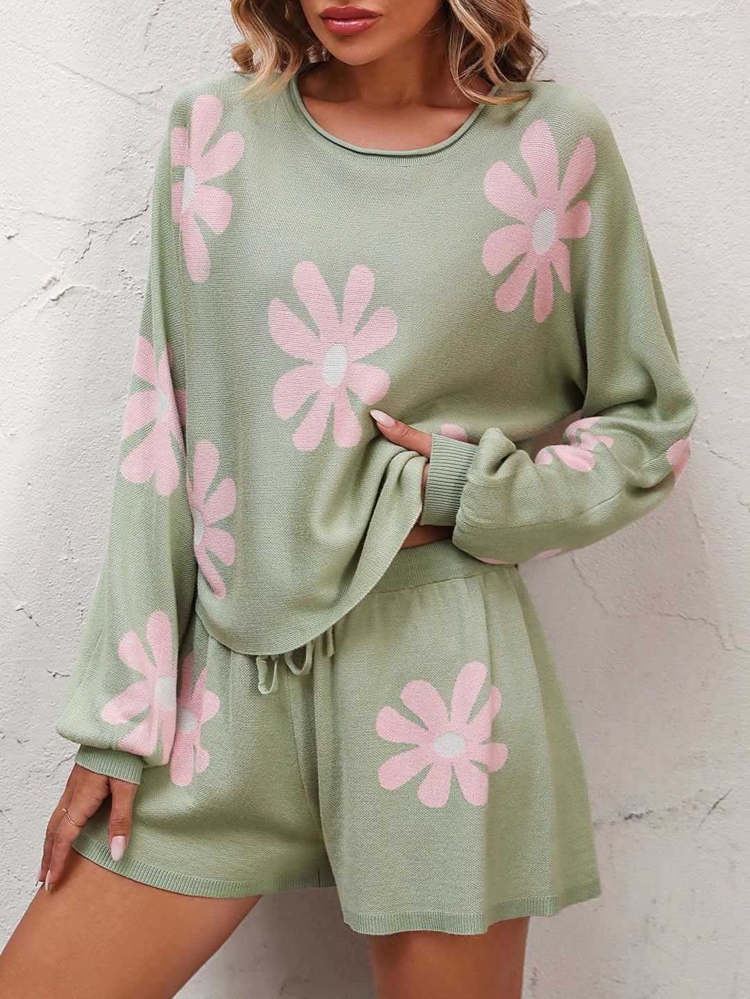 Floral Raglan Knit Sweater Shorts Set - Klazzi Fashion Boutique
