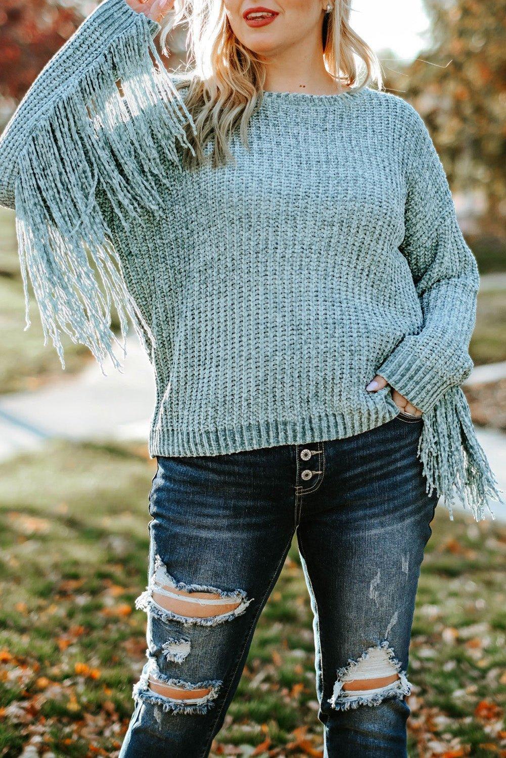 Fringed Knit Plus Size Sweater - Klazzi Fashion Boutique