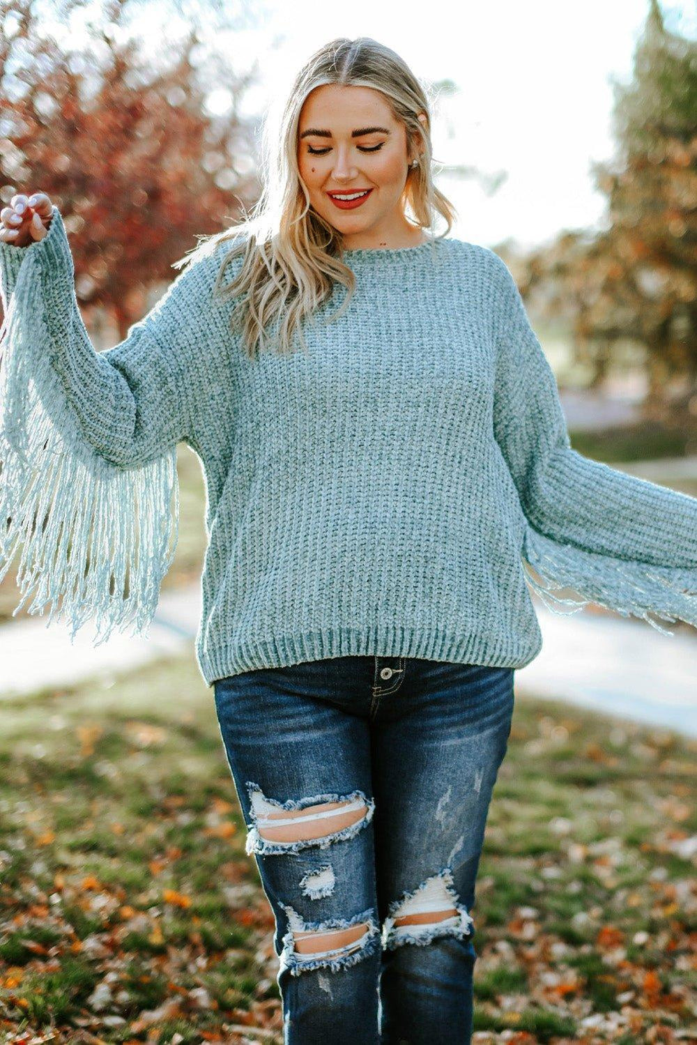 Fringed Knit Plus Size Sweater - Klazzi Fashion Boutique