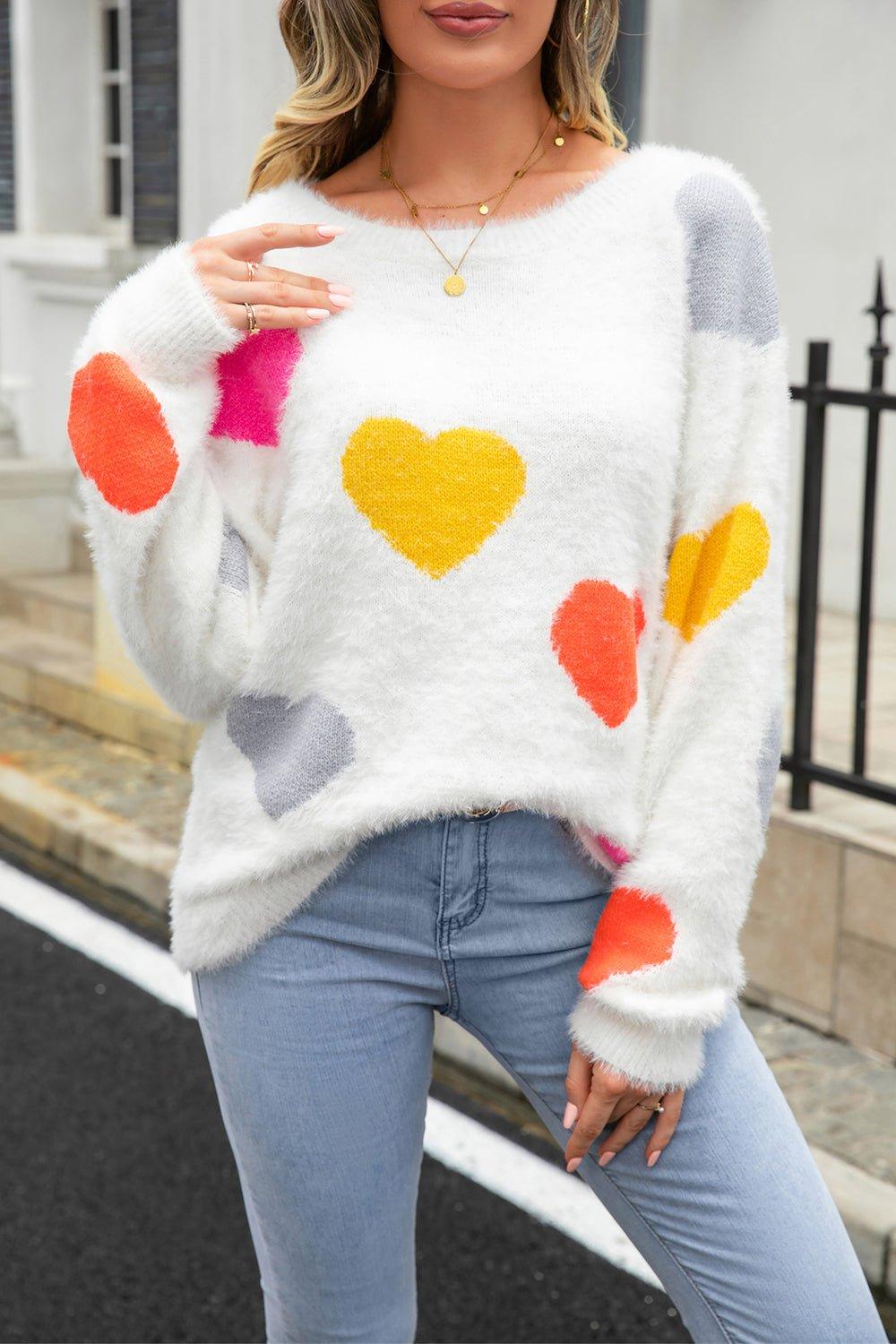 Fuzzy Heart Long Sleeve Sweater - Klazzi Fashion Boutique