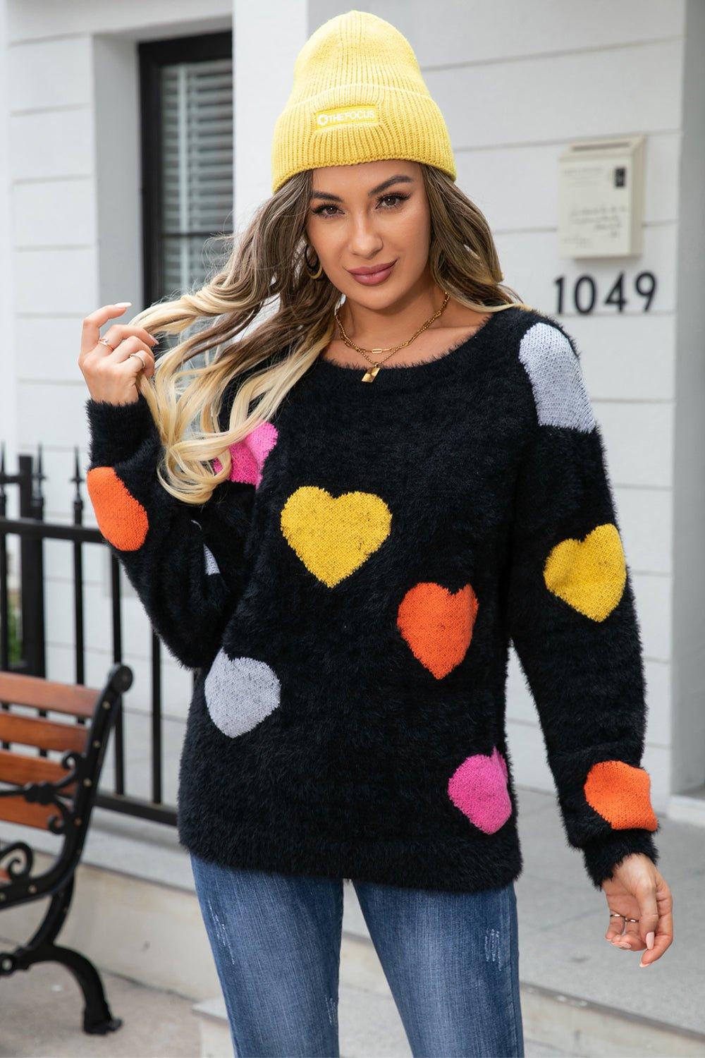 Fuzzy Heart Long Sleeve Sweater - Klazzi Fashion Boutique