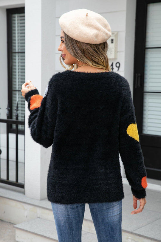 Fuzzy Heart Long Sleeve Sweater - Klazzi Fashion Boutique