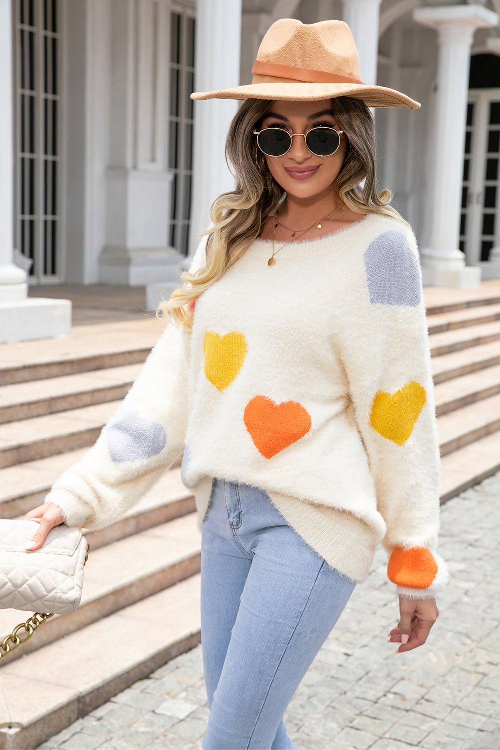 Fuzzy Heart Long Sleeve Sweater - Klazzi Fashion Boutique