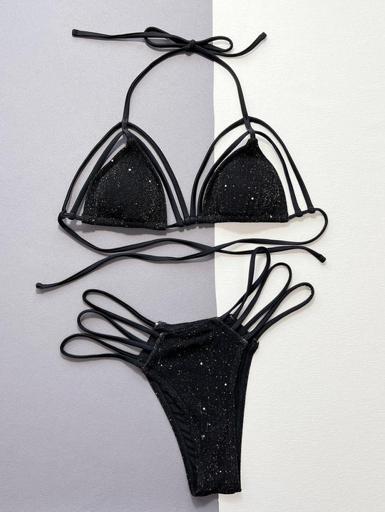 Strappy Glitter Halter Two-Piece Bikini Set