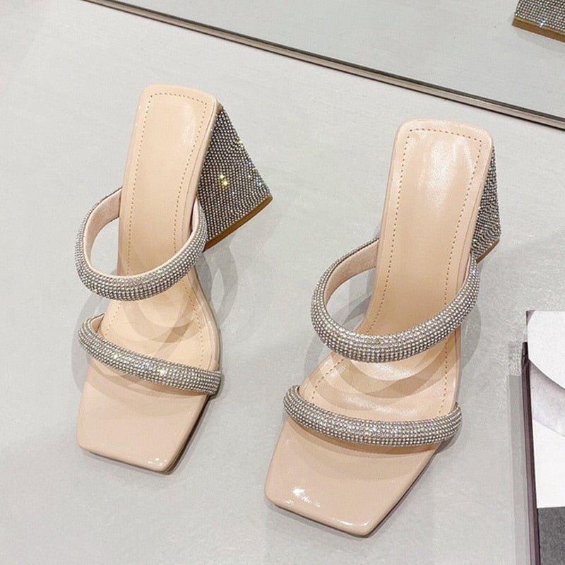 Glitter Rhinestones Triangle Heel Sandals - Klazzi Fashion Boutique