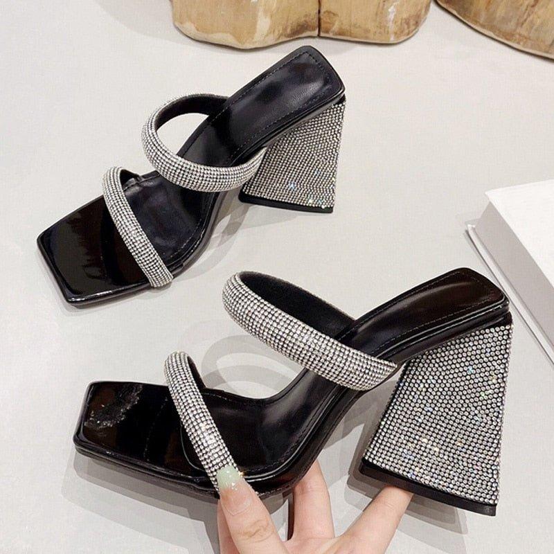 Glitter Rhinestones Triangle Heel Sandals - Klazzi Fashion Boutique