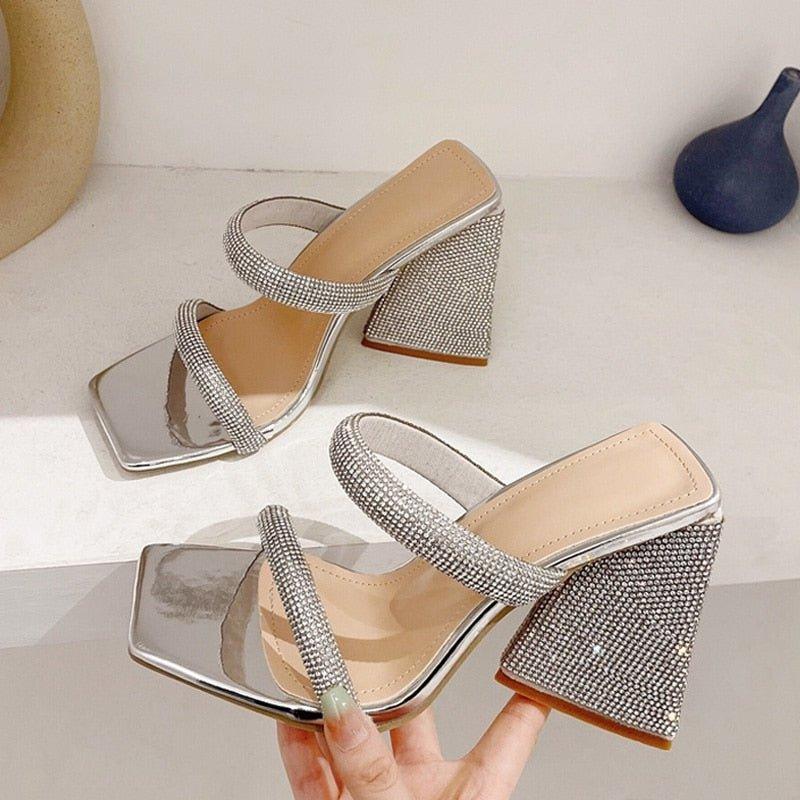 Glitter Rhinestones Triangle Heel Sandals - Klazzi Fashion Boutique