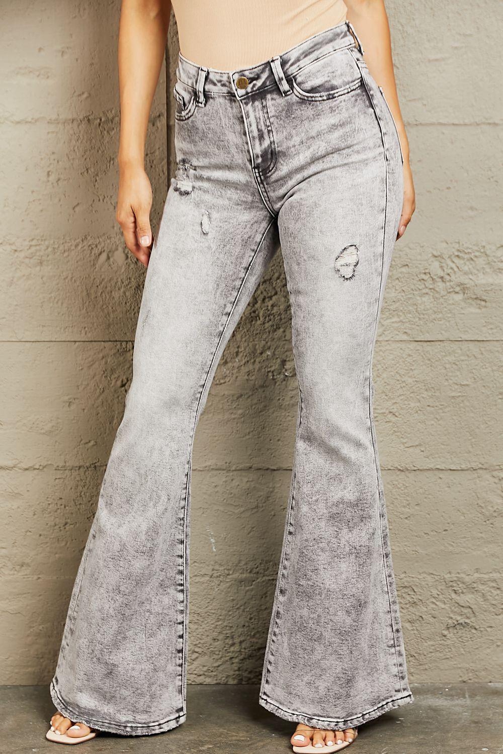 Gray Acid Wash Flare Denim - Klazzi Fashion Boutique