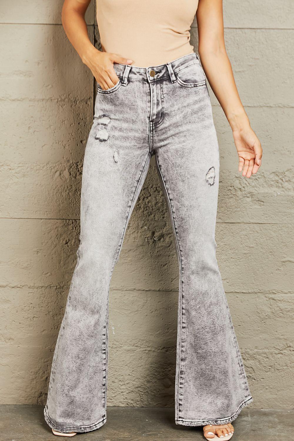 Gray Acid Wash Flare Denim - Klazzi Fashion Boutique