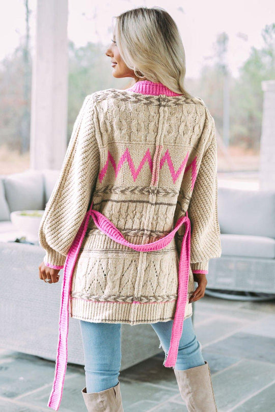 Gray and Pink Geometric Knit Cardigan