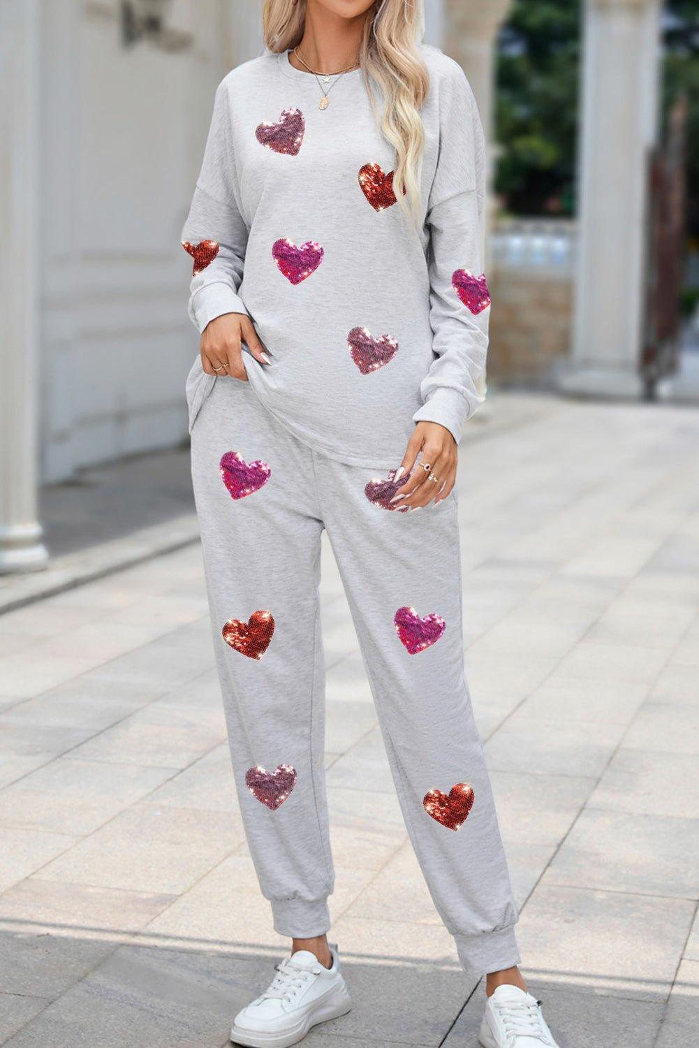 Gray Sequins Heart Valentine Jogger Set - Klazzi Fashion Boutique