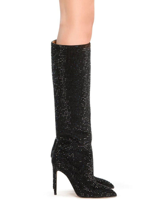 High Knee Stiletto Rhinestone Boot - Klazzi Fashion Boutique