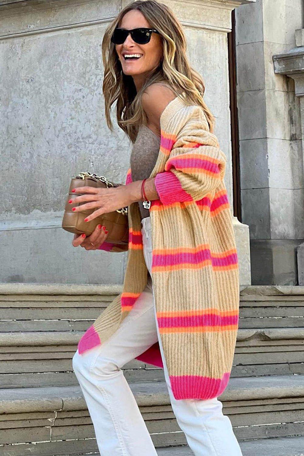 Hot Pink and Tan Stripe Long Knitted Cardigan - Klazzi Fashion Boutique