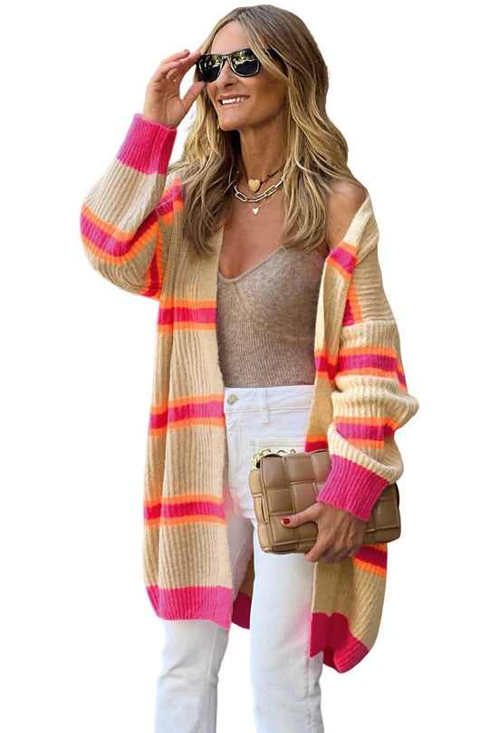 Hot Pink and Tan Stripe Long Knitted Cardigan - Klazzi Fashion Boutique