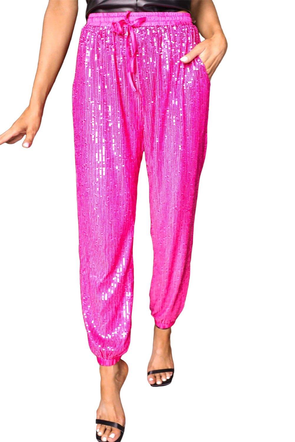 Hot Pink Electric Sequin High Rise Jogger - Klazzi Fashion Boutique