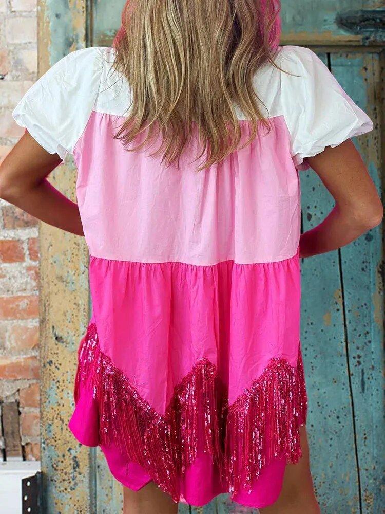 Hot Pink Shimmery Fringy Sequin Dress - Klazzi Fashion Boutique