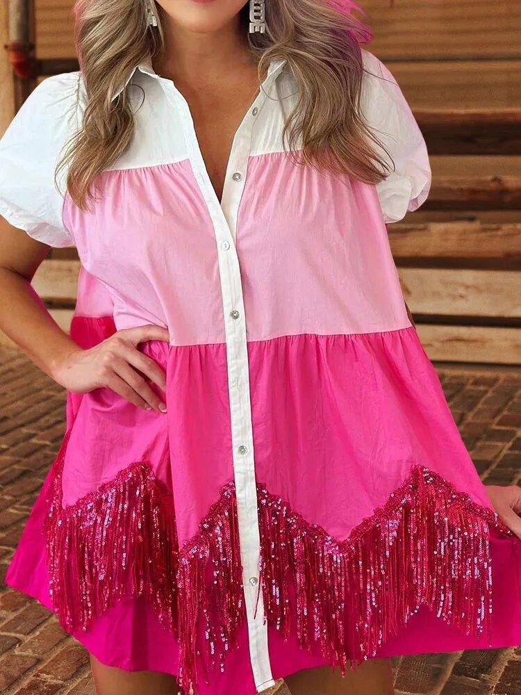 Hot Pink Shimmery Fringy Sequin Dress - Klazzi Fashion Boutique