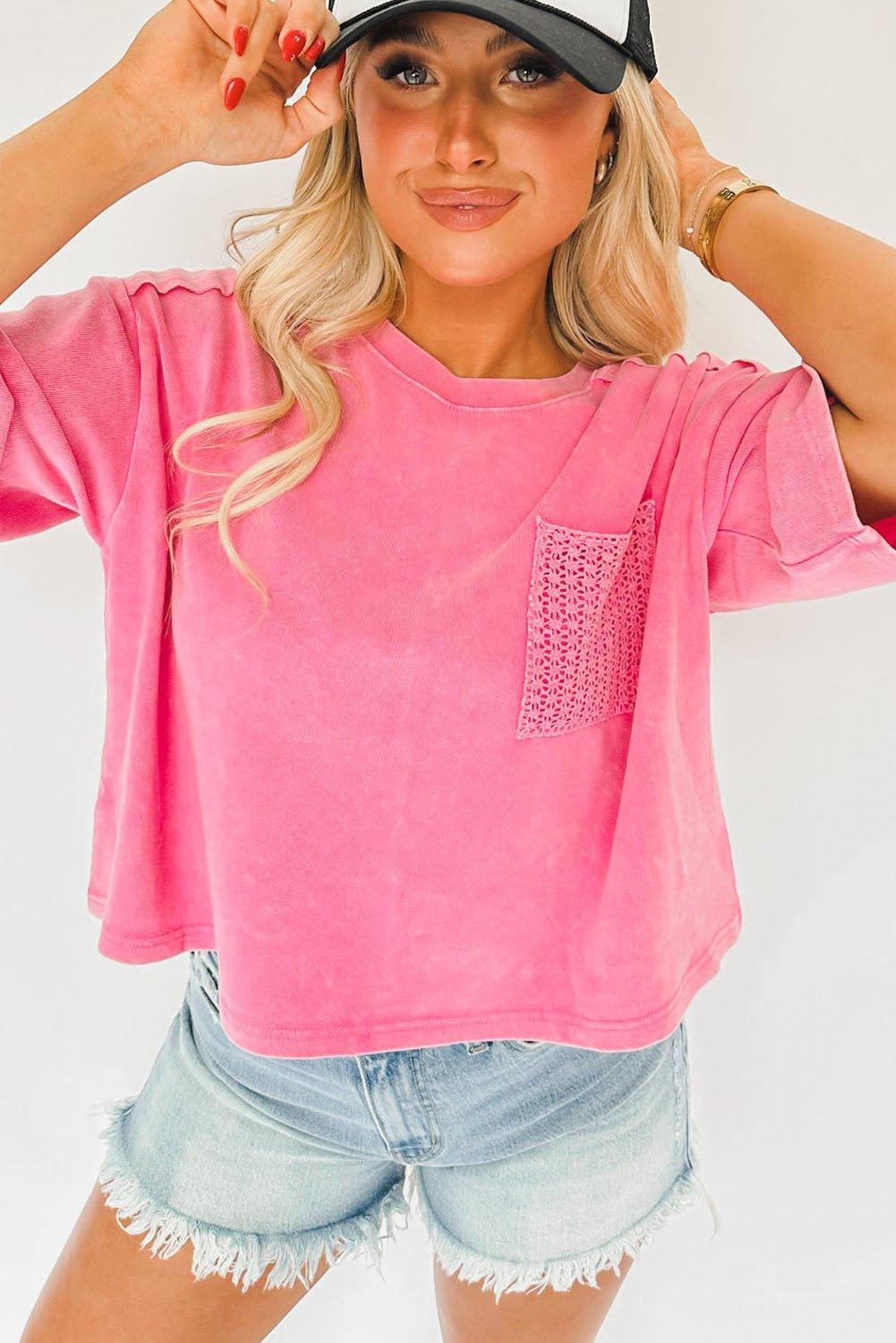 Hot Pink Washed Cropped Short Sleeve Shirt - Klazzi Fashion Boutique