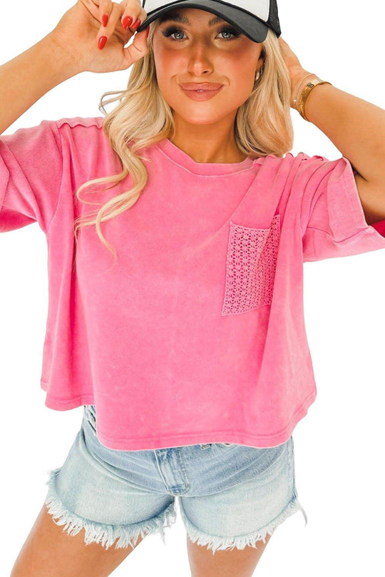Hot Pink Washed Cropped Short Sleeve Shirt - Klazzi Fashion Boutique