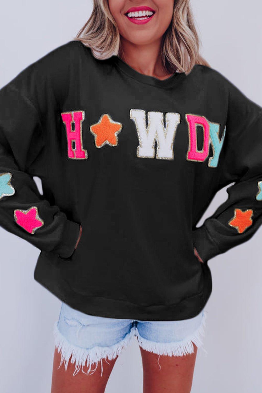 "Howdy" Black Glitter Patch Graphic Sweatshirt - Klazzi Fashion Boutique