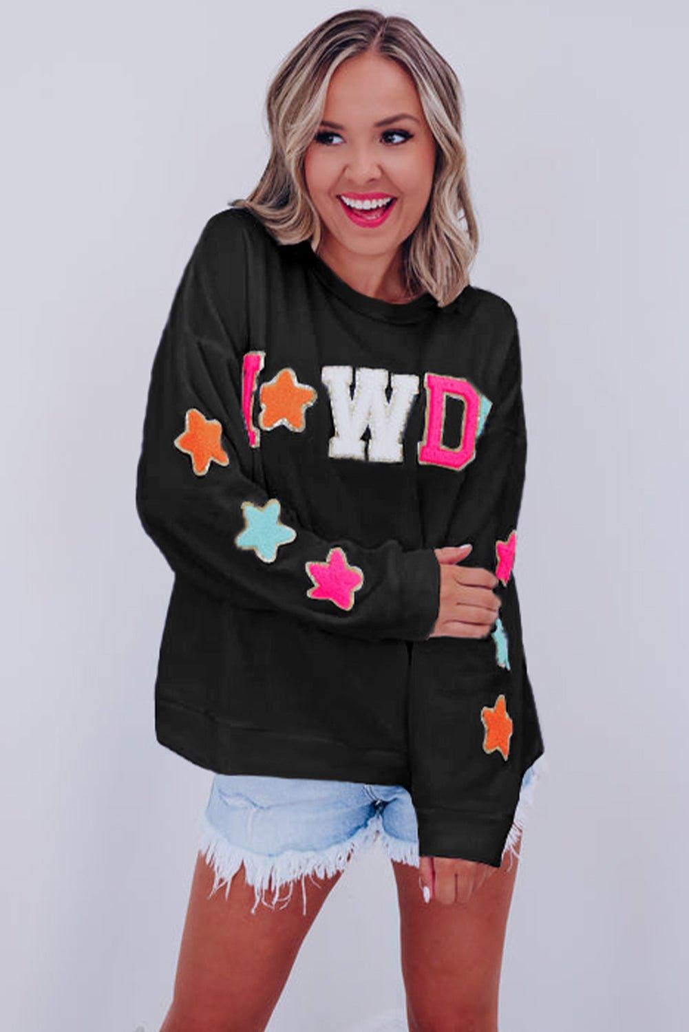 "Howdy" Black Glitter Patch Graphic Sweatshirt - Klazzi Fashion Boutique