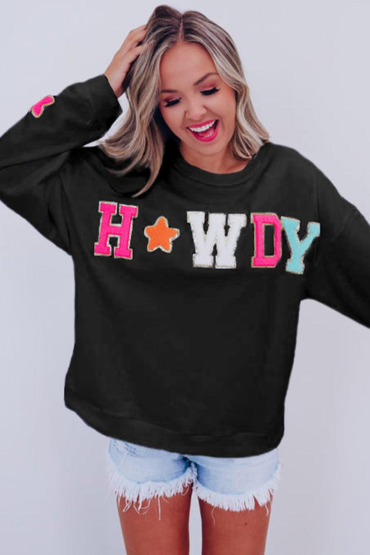 "Howdy" Black Glitter Patch Graphic Sweatshirt - Klazzi Fashion Boutique