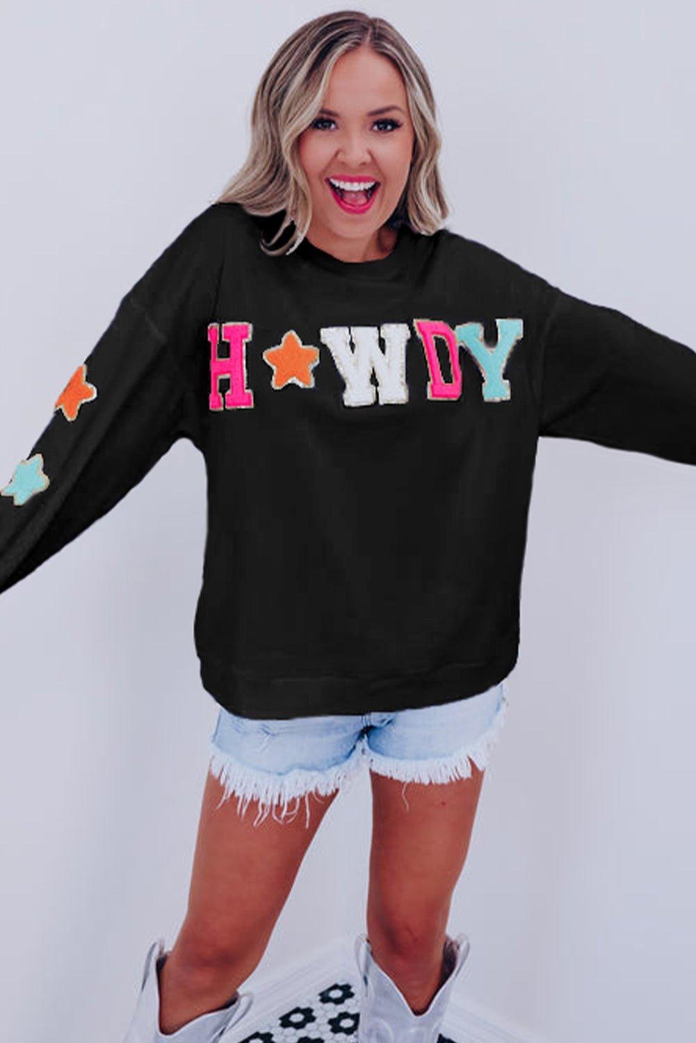 "Howdy" Black Glitter Patch Graphic Sweatshirt - Klazzi Fashion Boutique