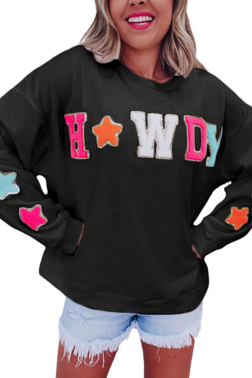 "Howdy" Black Glitter Patch Graphic Sweatshirt - Klazzi Fashion Boutique