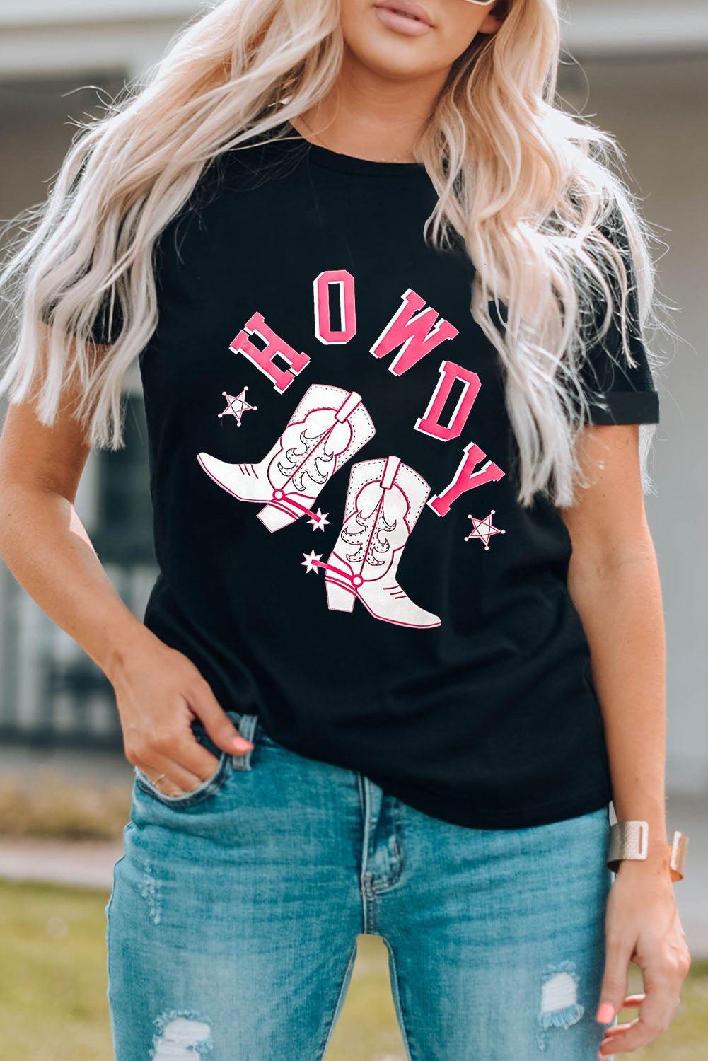 "HOWDY" Pink Cowboy Boots Graphic T-Shirt - Klazzi Fashion Boutique