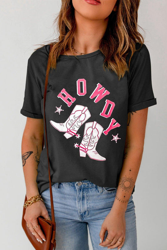 "HOWDY" Pink Cowboy Boots Graphic T-Shirt - Klazzi Fashion Boutique