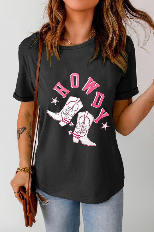 "HOWDY" Pink Cowboy Boots Graphic T-Shirt - Klazzi Fashion Boutique