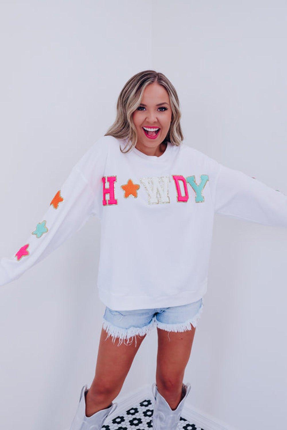 "Howdy" White Glitter Patch Graphic Sweatshirt - Klazzi Fashion Boutique