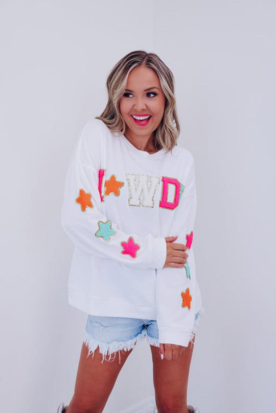 "Howdy" White Glitter Patch Graphic Sweatshirt - Klazzi Fashion Boutique