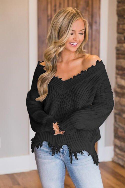 Joyous Frayed Dropped Shoulder Sweater - Klazzi Fashion Boutique