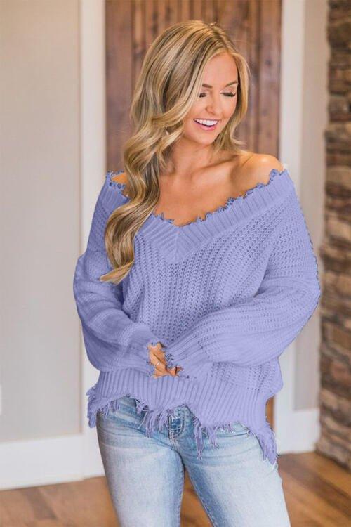 Joyous Frayed Dropped Shoulder Sweater - Klazzi Fashion Boutique