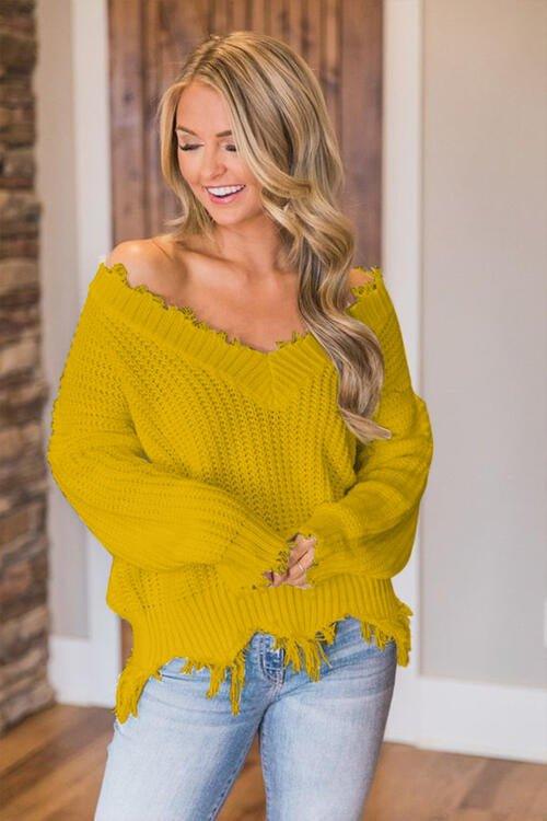 Joyous Frayed Dropped Shoulder Sweater - Klazzi Fashion Boutique