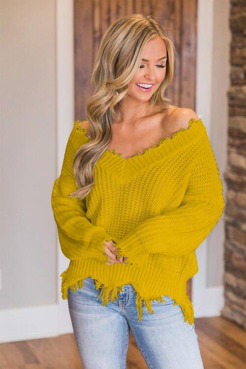 Joyous Frayed Dropped Shoulder Sweater - Klazzi Fashion Boutique