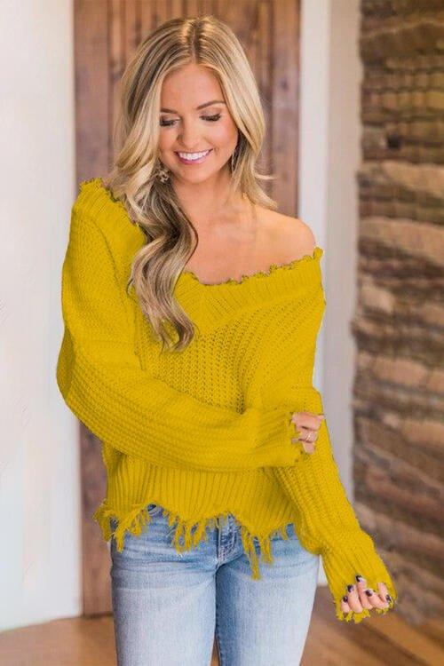 Joyous Frayed Dropped Shoulder Sweater - Klazzi Fashion Boutique