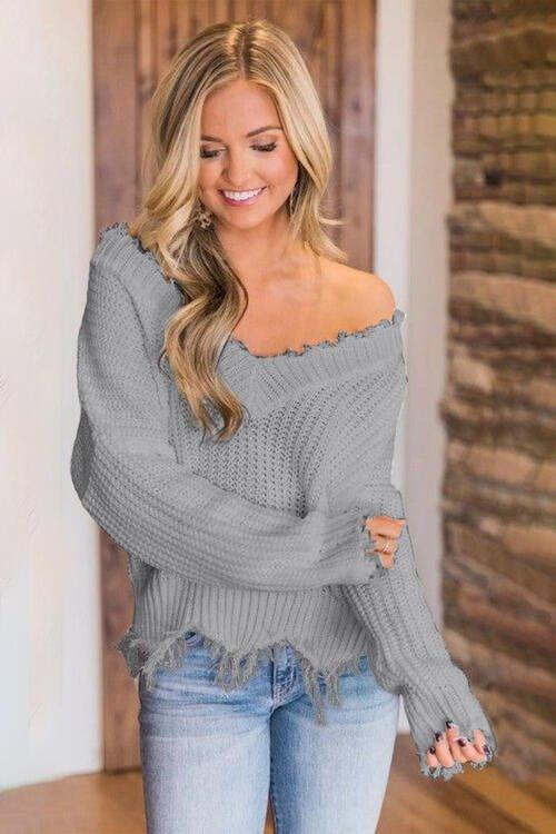 Joyous Frayed Dropped Shoulder Sweater - Klazzi Fashion Boutique